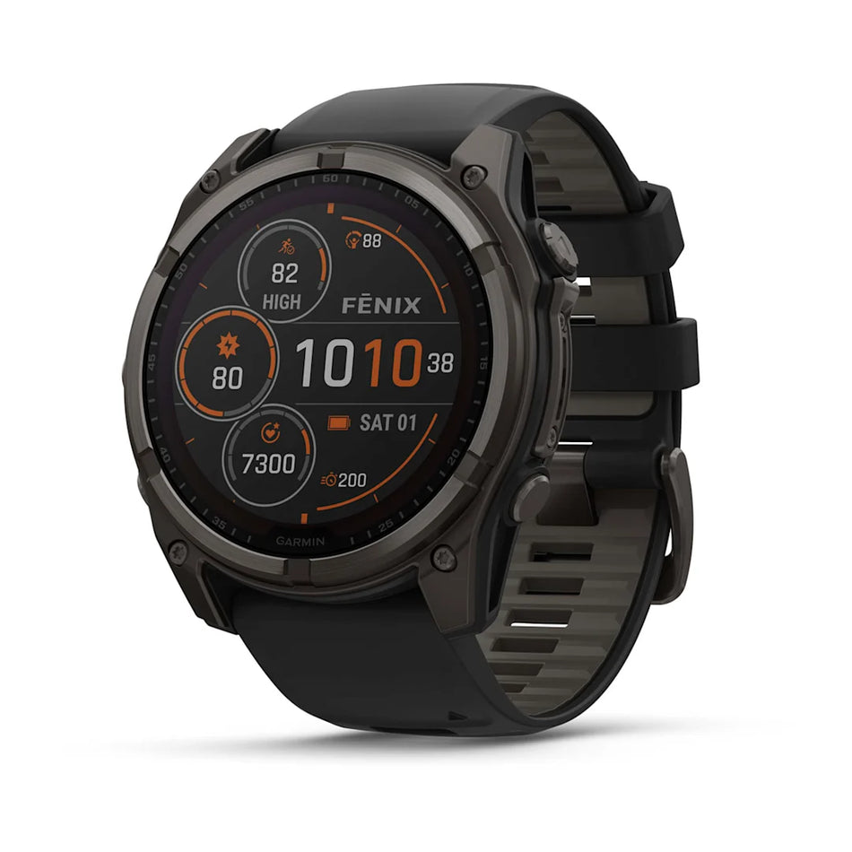 fenix 8 - Sapphire Solar - Carbon Grey DLC Titanium - Black/Pebble Grey siliconen band